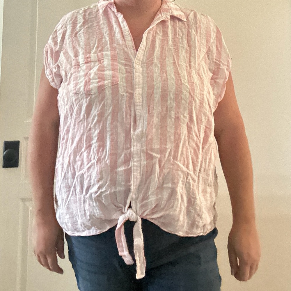 Old Navy Pink/White Stripe Button Up Tie Top, size 3X